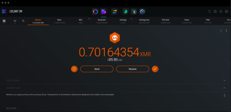 Exodus XMR wallet interface