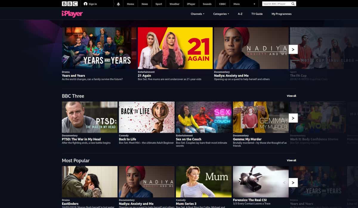 Pagina de pornire BBC iPlayer