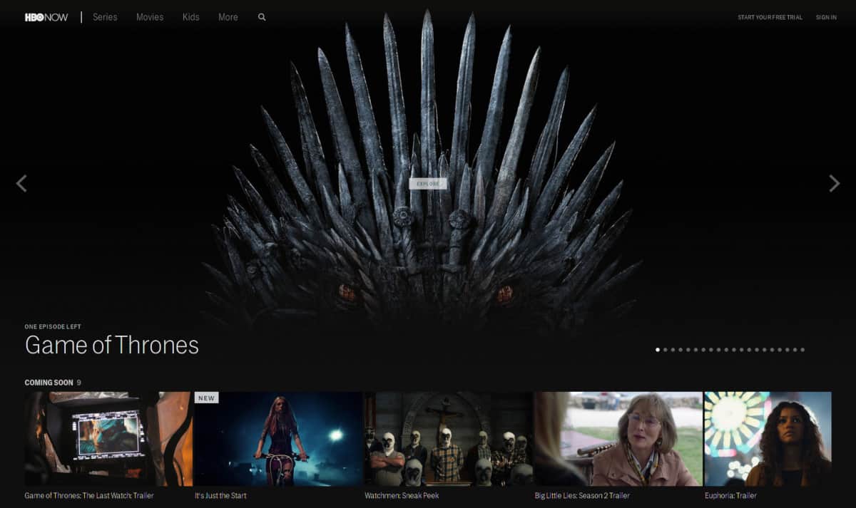 Начална страница на HBO Now
