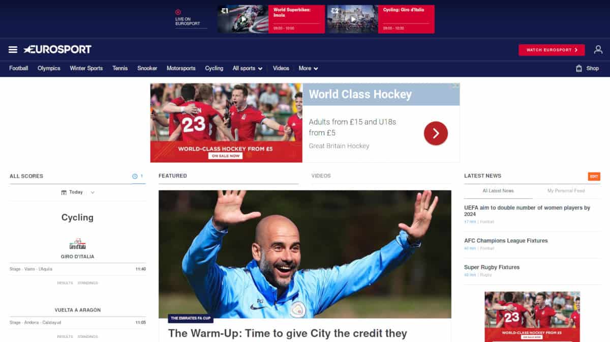 Начална страница на Eurosport UK
