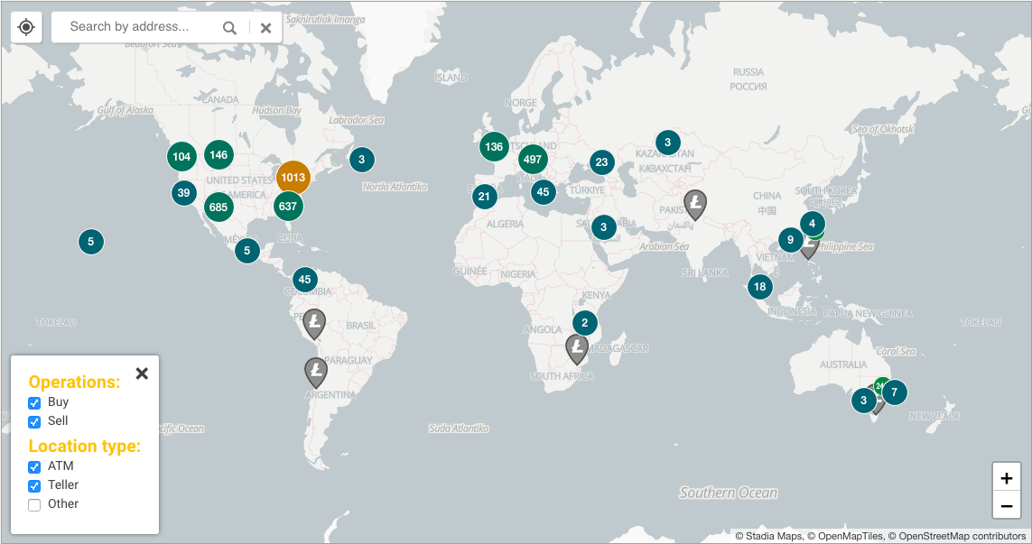 Карта на банкоматите на Litecoin Worldwide