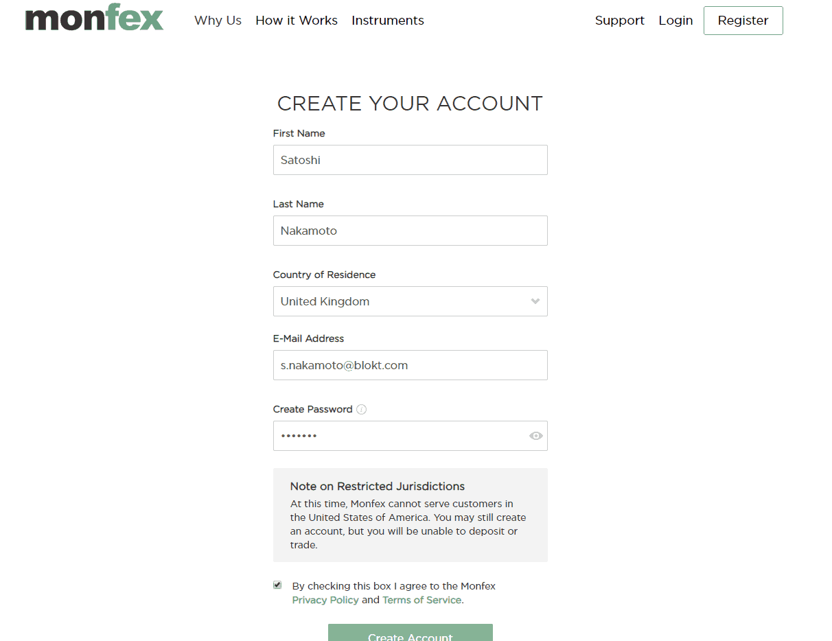 Процесът на регистрация е много лесен на платформата на Monfex