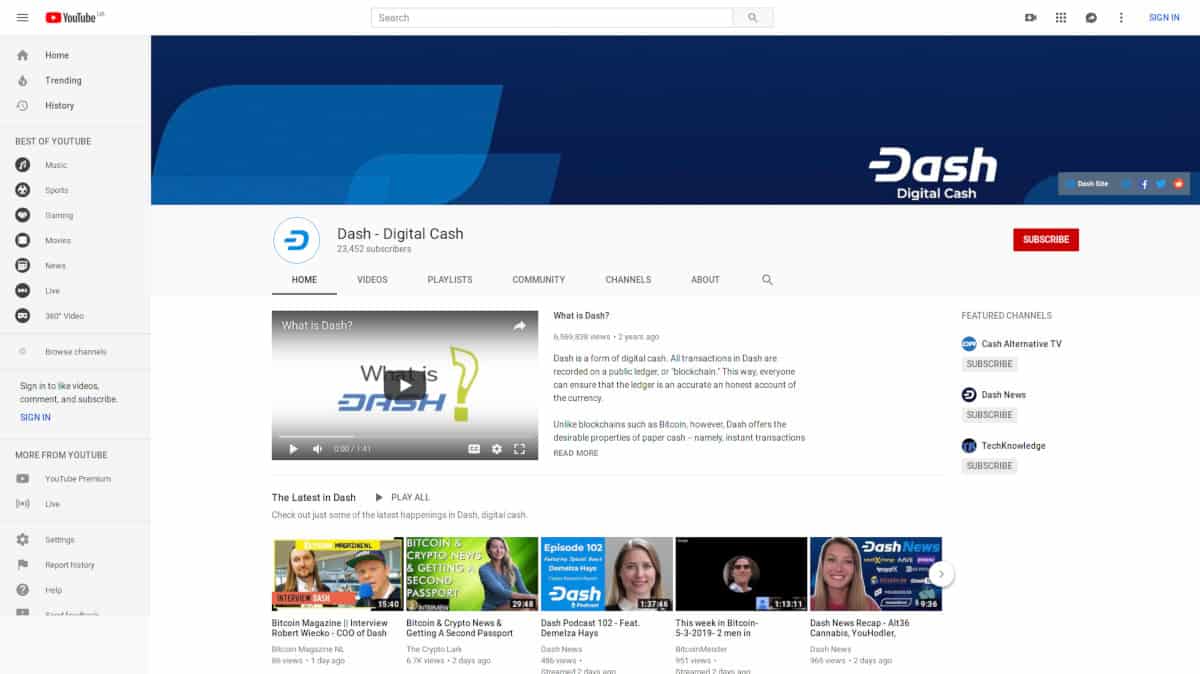 Dash - نقدی دیجیتال ، کانال YouTube