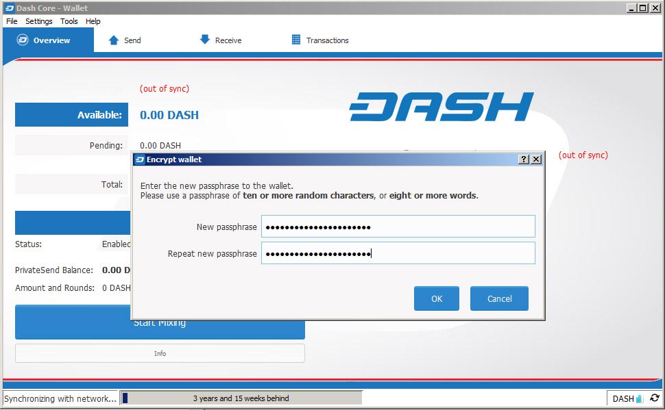 Интерфейс на портфейла на Dash с паролата